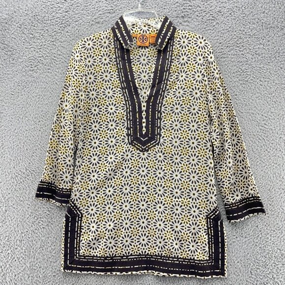 Tory Burch Womens‎ Top Size 4 Tunic Long Sleeve Blouse Printed V Neck - Picture 1 of 16